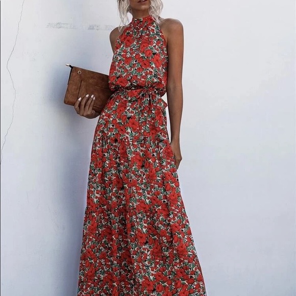 09 Boho Chic red Floral print Fabulous halter dress - Picture 5 of 5